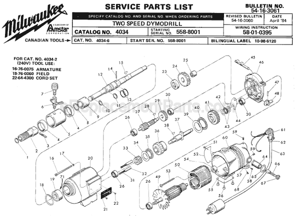 Page A Diagram and Parts List for 4034-6 SER 558-8001 Milwaukee Electric Drill