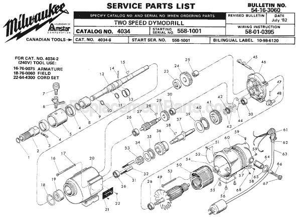 Page A Diagram and Parts List for 4034 SER 558-1001 Milwaukee Electric Drill