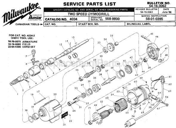 Page A Diagram and Parts List for 4034 SER 558-9800 Milwaukee Electric Drill