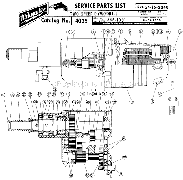 Page A Diagram and Parts List for 4035 SER 346-1001 Milwaukee Electric Drill
