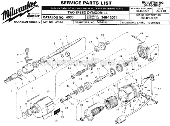 Page A Diagram and Parts List for 4035 SER 346-12001 Milwaukee Electric Drill