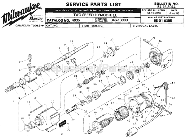 Page A Diagram and Parts List for 4035 SER 346-13800 Milwaukee Electric Drill