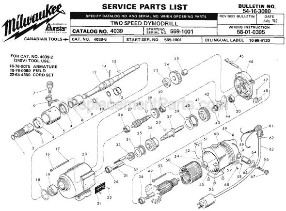 Page A Diagram and Parts List for 4039 SER 559-1001 Milwaukee Electric Drill