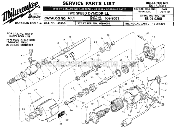 Page A Diagram and Parts List for 4039 SER 559-9001 Milwaukee Electric Drill