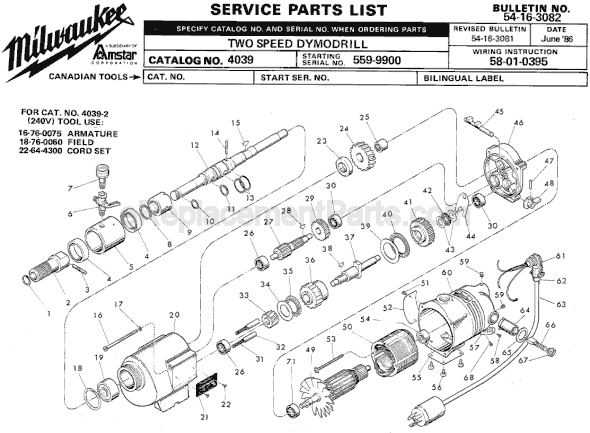 Page A Diagram and Parts List for 4039 SER 559-9900 Milwaukee Electric Drill