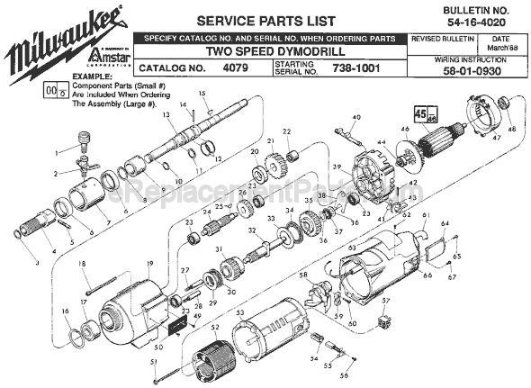 Page A Diagram and Parts List for 4079 SER 738-1001 Milwaukee Electric Drill
