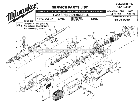 Page A Diagram and Parts List for 4094 SER 740A Milwaukee Electric Drill