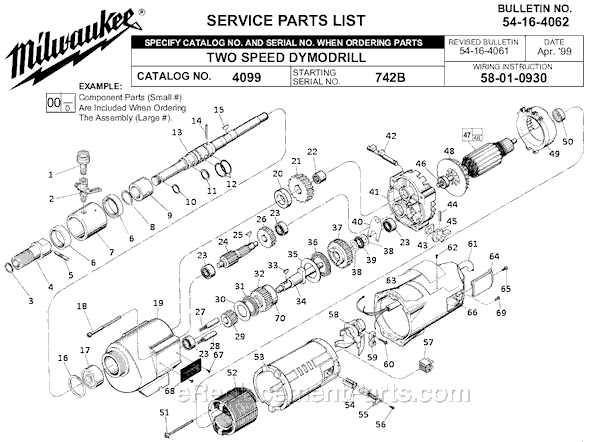 Page A Diagram and Parts List for 4099 SER 742B Milwaukee Electric Drill