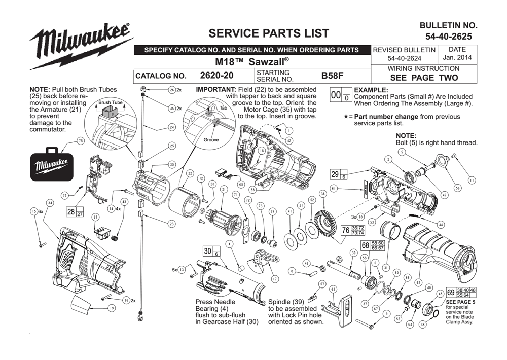 Fig-0 Diagram and Parts List for 2620-20 B58F Milwaukee Saw
