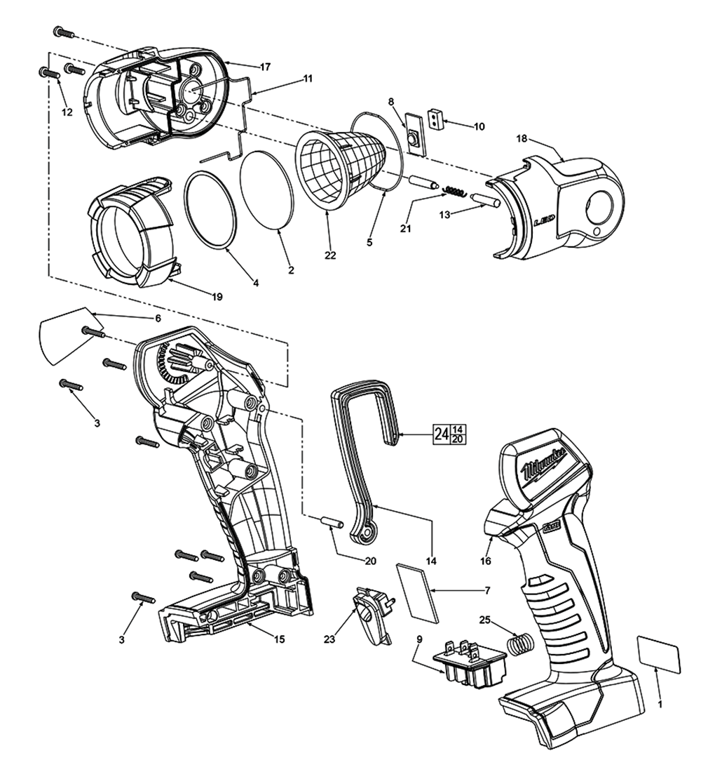 Fig-0 Diagram and Parts List for 2735-059 D46A Milwaukee Worklight & Flashlight