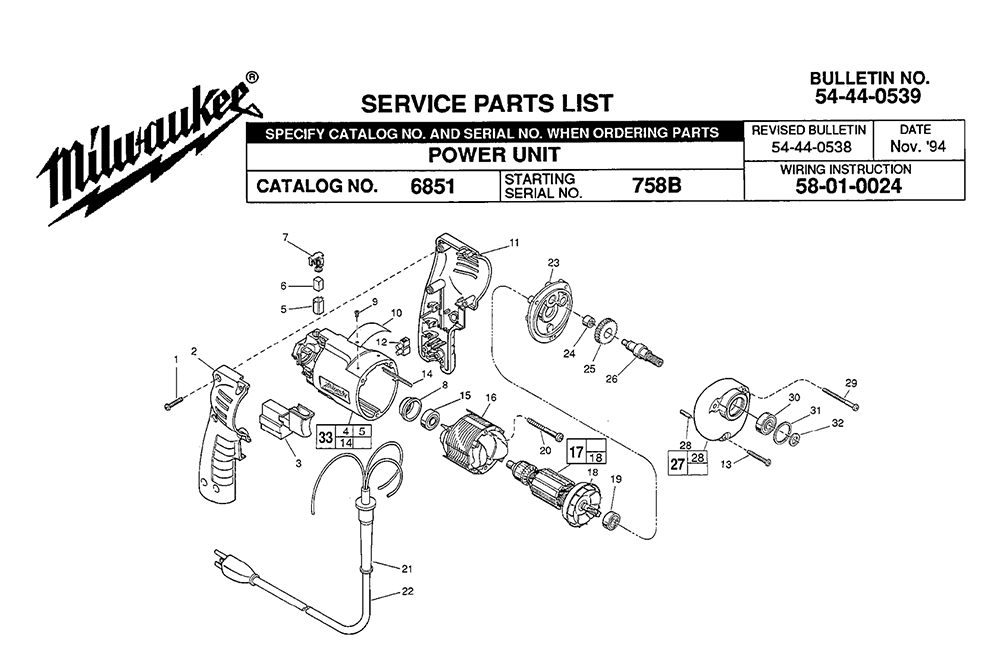 Fig-0 Diagram and Parts List for 6851 758B Milwaukee Electric Drill