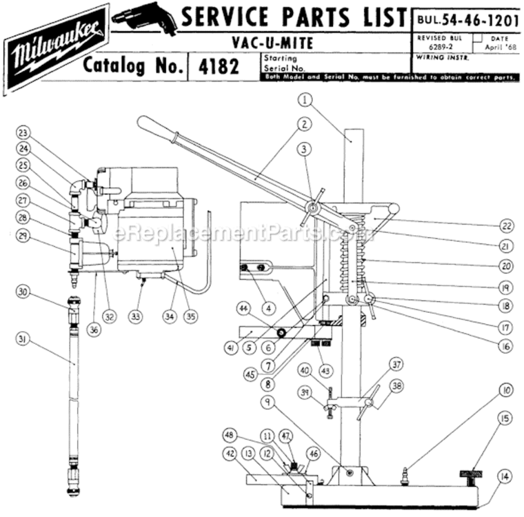 Page A Diagram and Parts List for 4182-2  Milwaukee Utility Vacuum