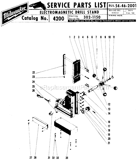 Page A Diagram and Parts List for 4200 SER 302-1150 Milwaukee Drill Press