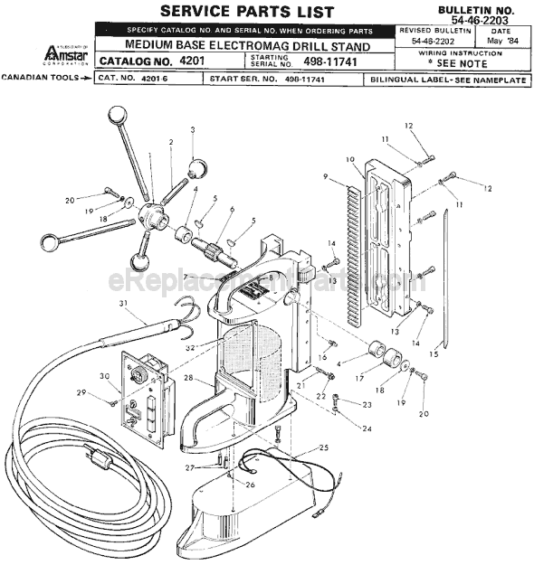 Page A Diagram and Parts List for 4201 SER 498-11741 Milwaukee Drill Press