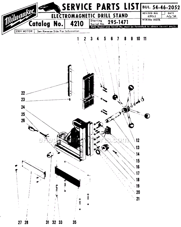 Page A Diagram and Parts List for 4210 SER 295-1471 Milwaukee Drill Press