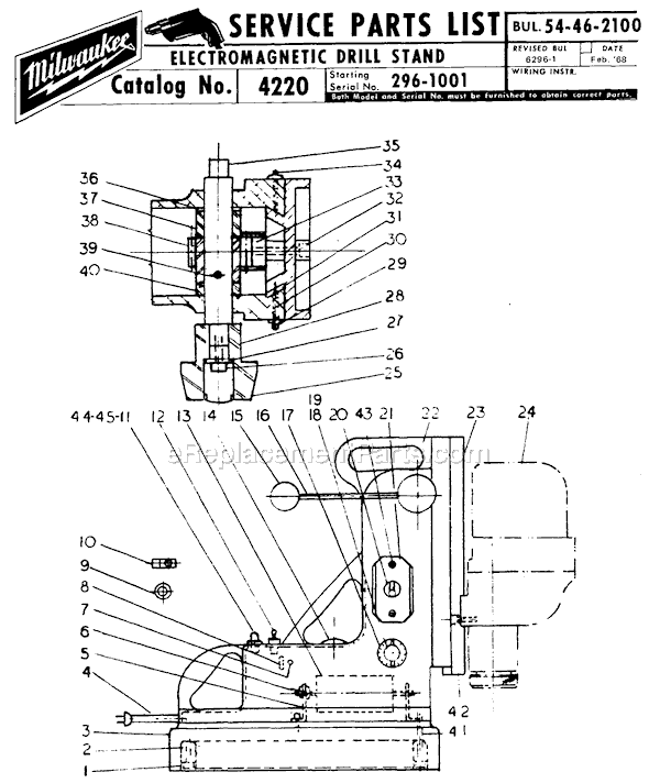 Page A Diagram and Parts List for 4220 SER 296-1001 Milwaukee Drill Press