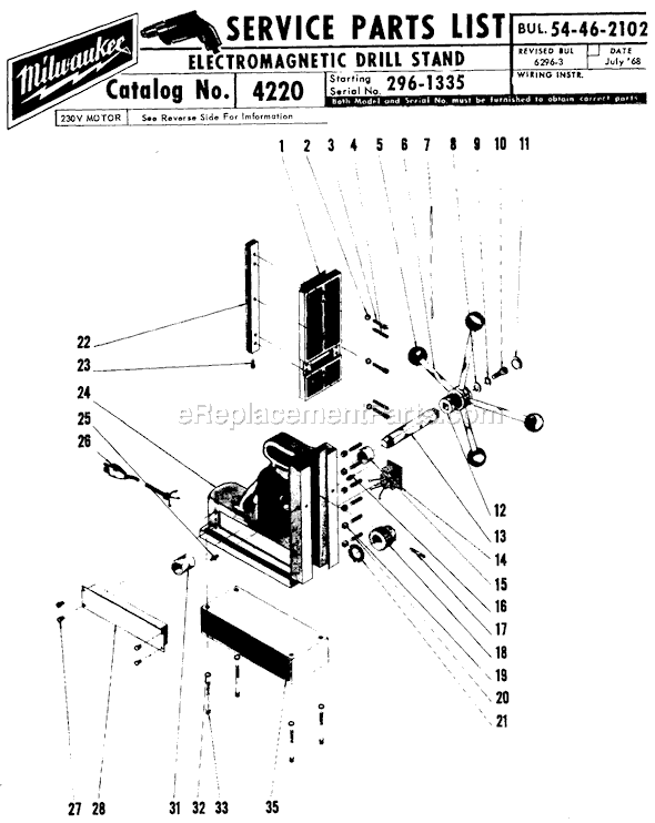 Page A Diagram and Parts List for 4220 SER 296-1335 Milwaukee Drill Press