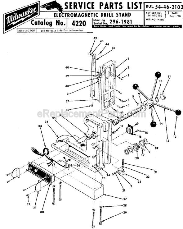 Page A Diagram and Parts List for 4220 SER 296-1981 Milwaukee Drill Press