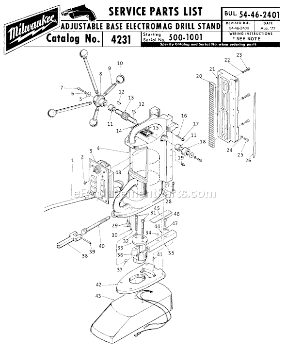 Page A Diagram and Parts List for 4231 SER 500-1001 Milwaukee Drill Press