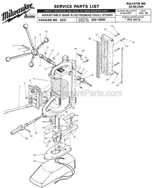 Page A Diagram and Parts List for 4231 SER 500-15800 Milwaukee Drill Press