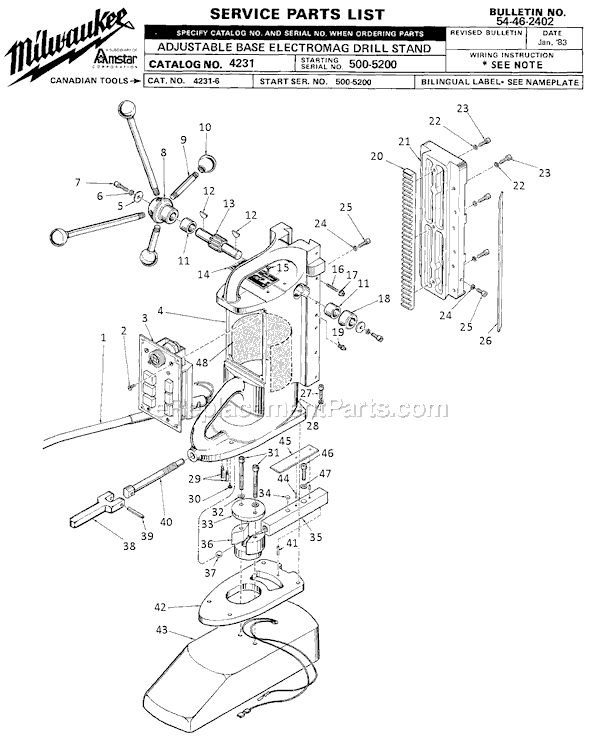 Page A Diagram and Parts List for 4231 SER 500-5200 Milwaukee Drill Press