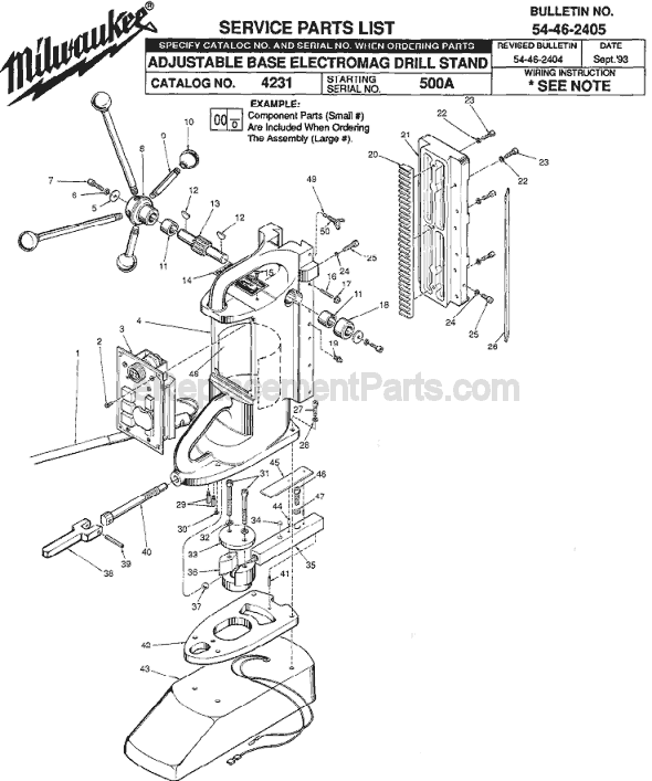 Page A Diagram and Parts List for 4231 SER 500A Milwaukee Drill Press
