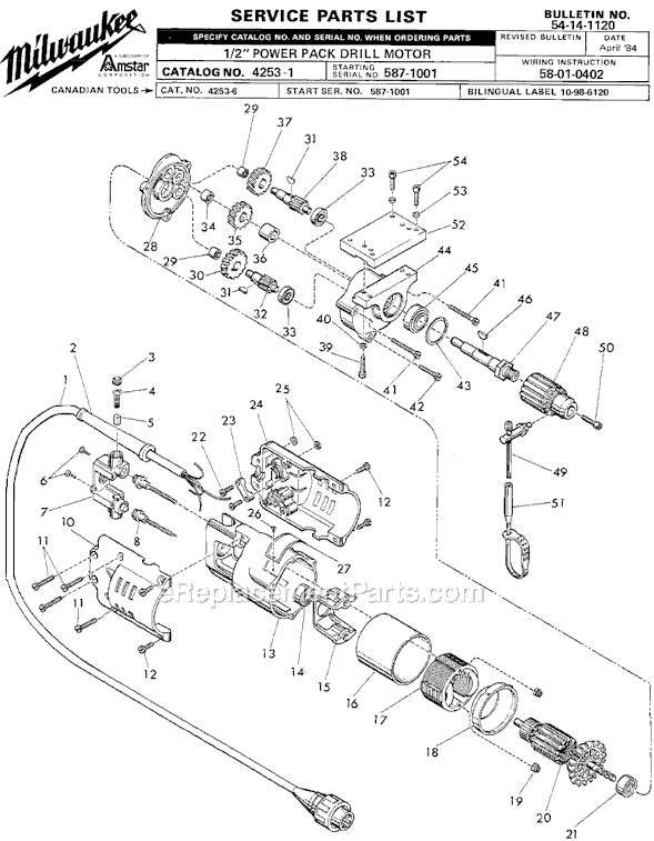Page A Diagram and Parts List for 4253-1 SER 587-1001 Milwaukee Drill Press