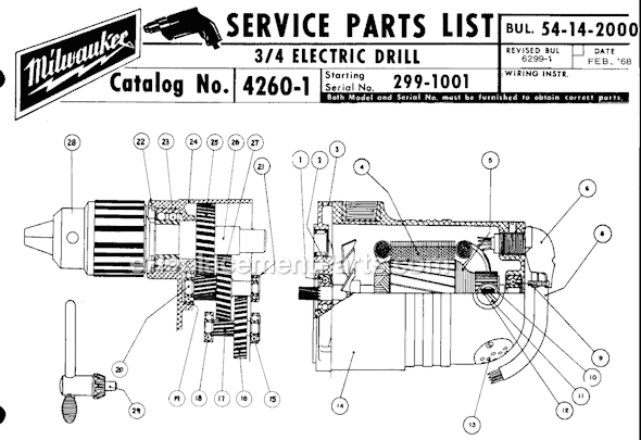 Page A Diagram and Parts List for 4260-1 SER 299-1001 Milwaukee Electric Drill