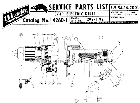 Page A Diagram and Parts List for 4260-1 SER 299-1199 Milwaukee Electric Drill