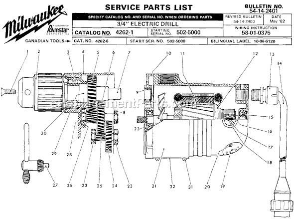 Page A Diagram and Parts List for 4262-1 SER 502-5000 Milwaukee Drill Press