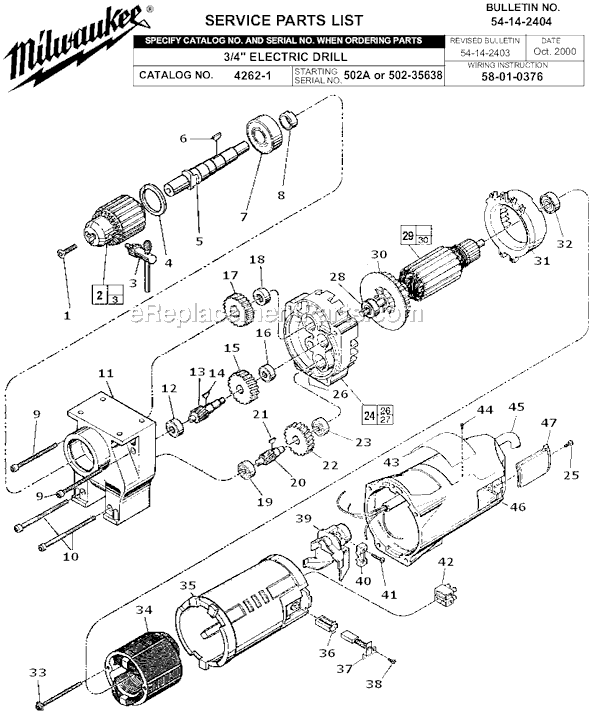Page A Diagram and Parts List for 4262-1 SER 502A Milwaukee Drill Press
