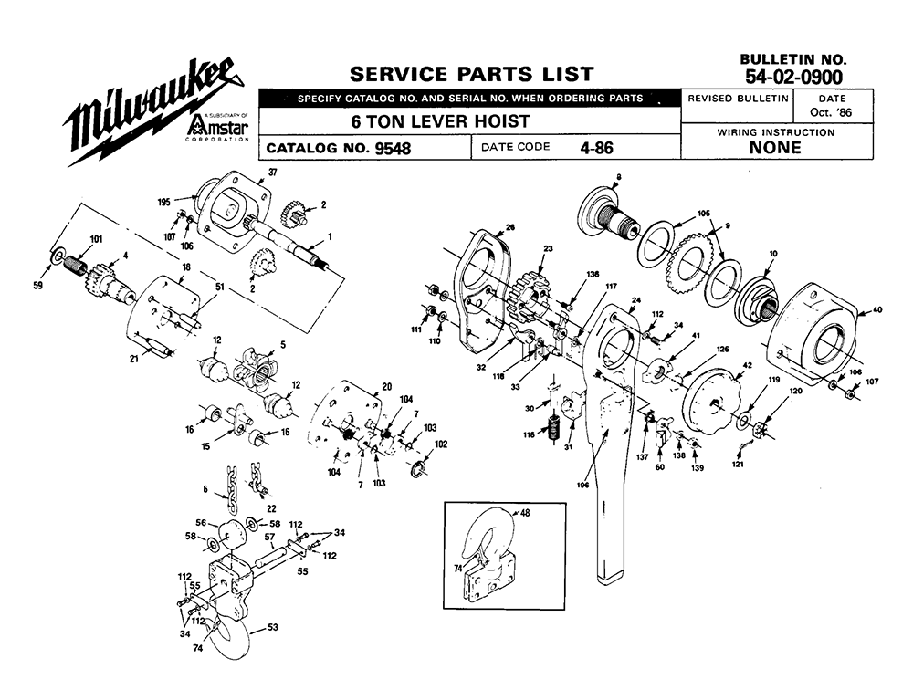 Fig-0 Diagram and Parts List for 9548 4-86 Milwaukee Hoist & Winch