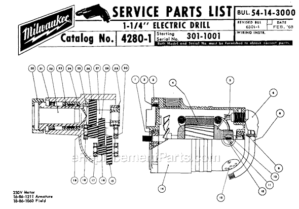 Page A Diagram and Parts List for 4280-1 SER 301-1001 Milwaukee Electric Drill
