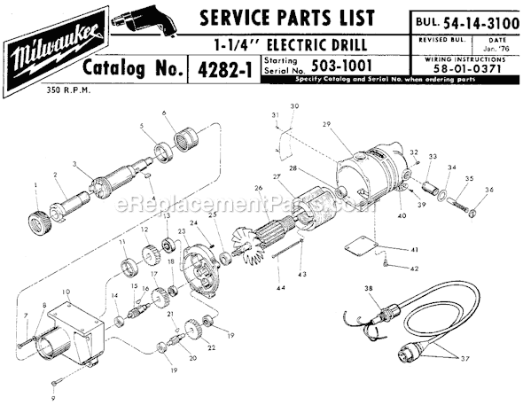 Page A Diagram and Parts List for 4282-1 SER 503-1001 Milwaukee Electric Drill
