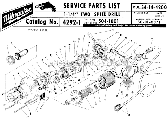 Page A Diagram and Parts List for 4292-1 SER 504-1001 Milwaukee Electric Drill