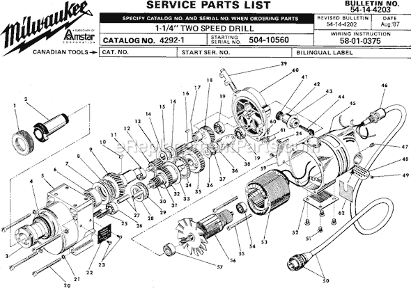 Page A Diagram and Parts List for 4292-1 SER 504-10560 Milwaukee Electric Drill