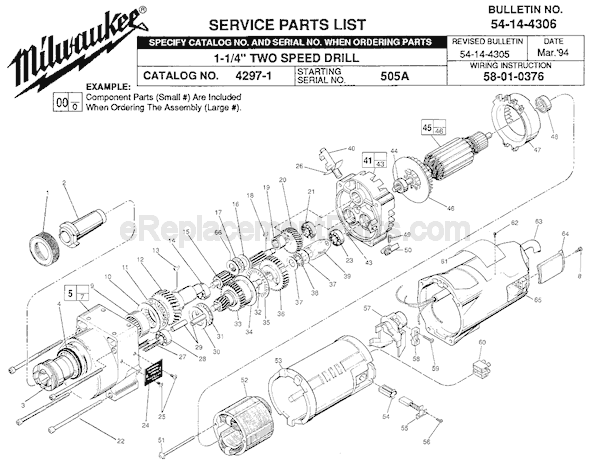 Page A Diagram and Parts List for 4297-1 SER 505A Milwaukee Electric Drill