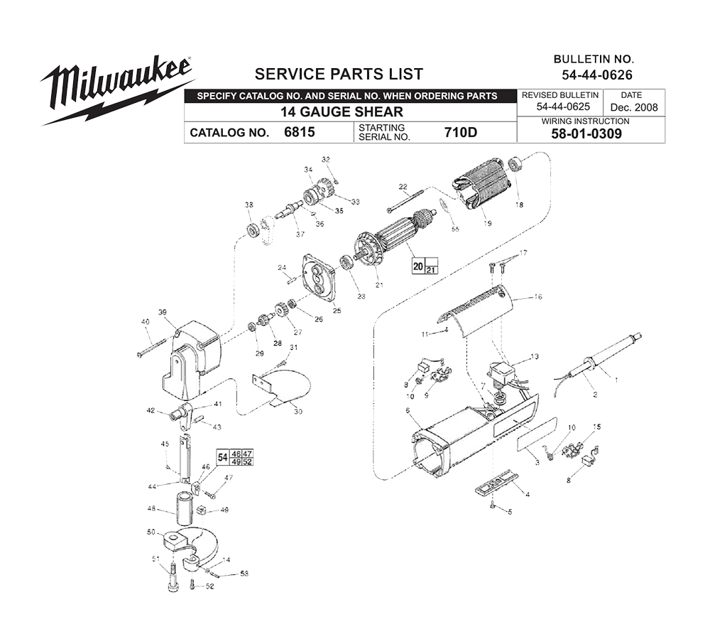 Fig-0 Diagram and Parts List for 6815 710D Milwaukee Nibbler & Shears