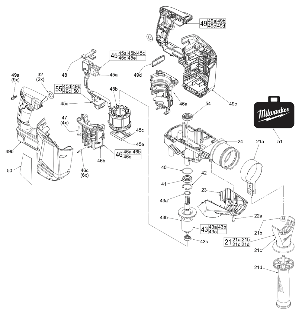 Fig-1 Diagram and Parts List for 2717-20 G89A Milwaukee Hammer Drill