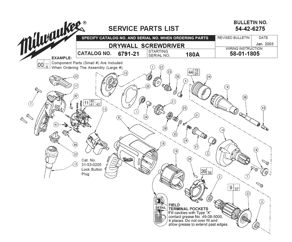 Fig-0 Diagram and Parts List for 6791-21 180A Milwaukee Electric Drill