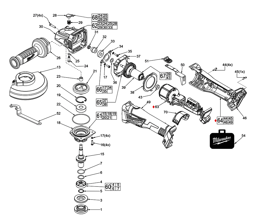 Fig-0 Diagram and Parts List for 2781-059 F34A Milwaukee Angle Grinder