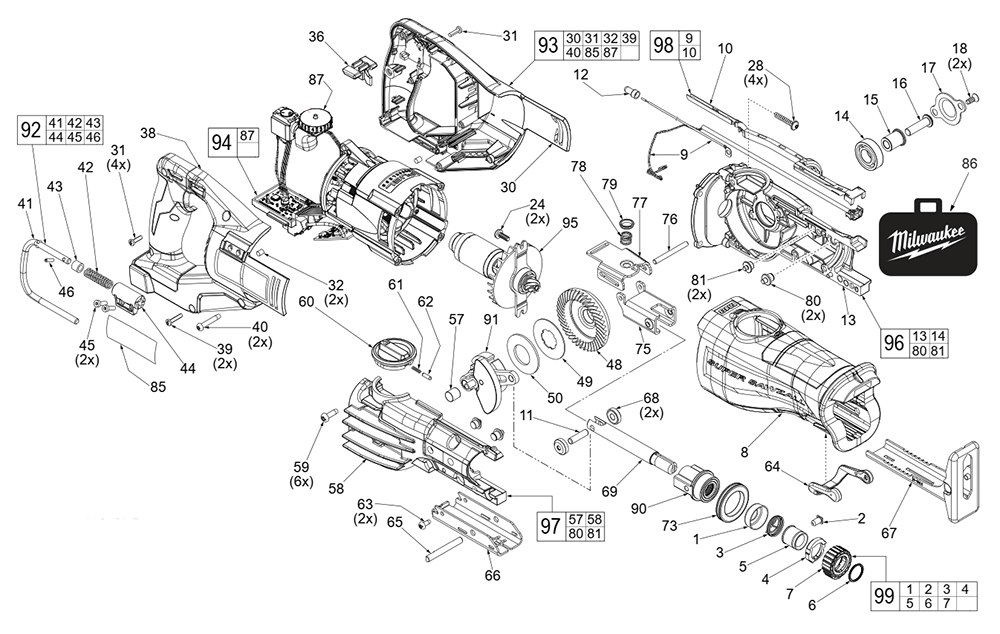 Fig-0 Diagram and Parts List for 2722-20 J66A Milwaukee Reciprocating Saw