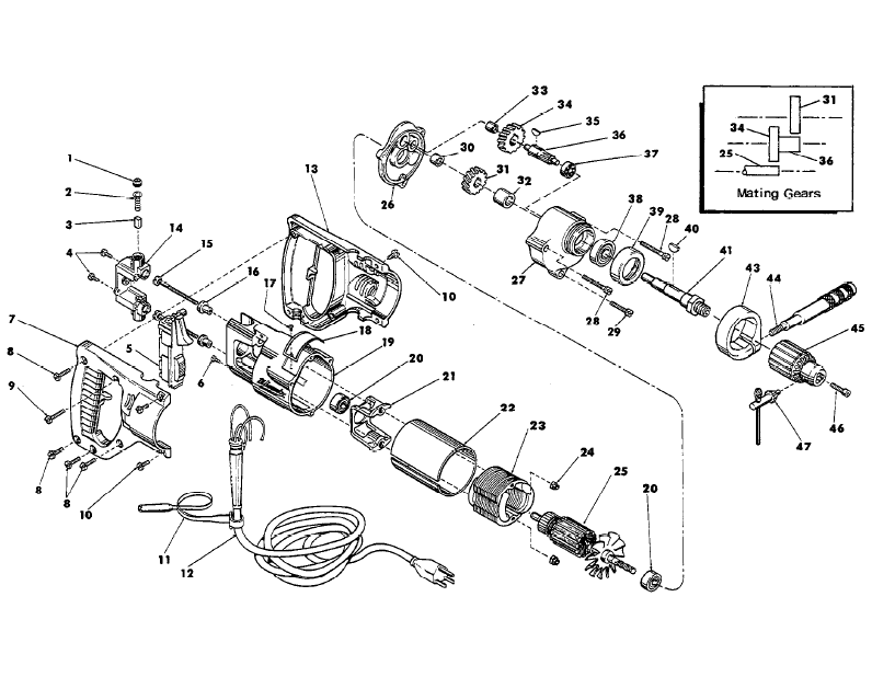 Fig-0 Diagram and Parts List for 1250-1  Milwaukee Electric Drill