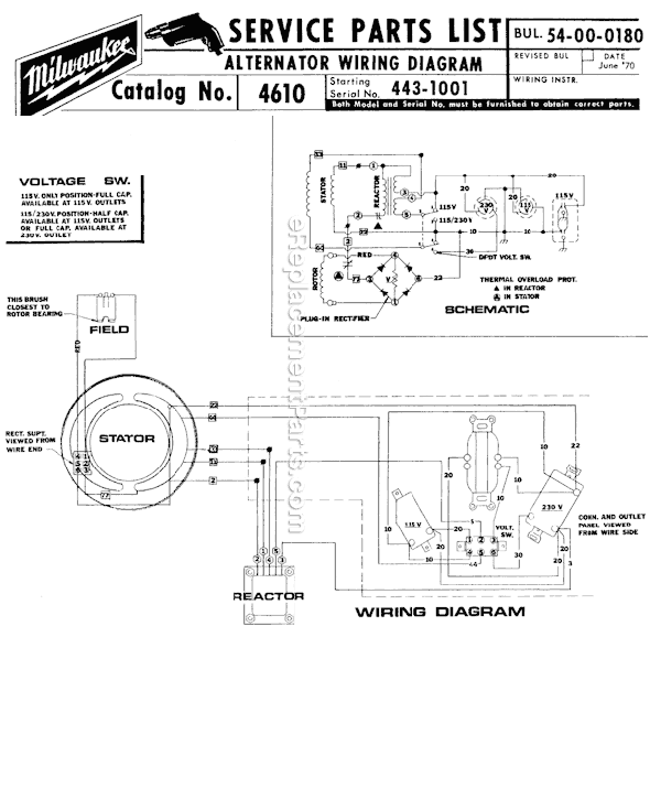 Page D Diagram and Parts List for 4611 SER 456-1001 Milwaukee Generator