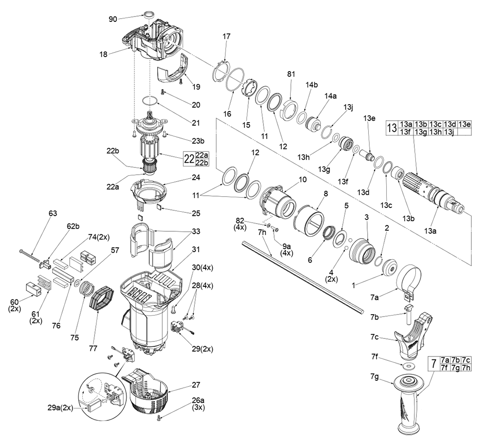 Fig-1 Diagram and Parts List for 5268-21 F82C Milwaukee Hammer Drill