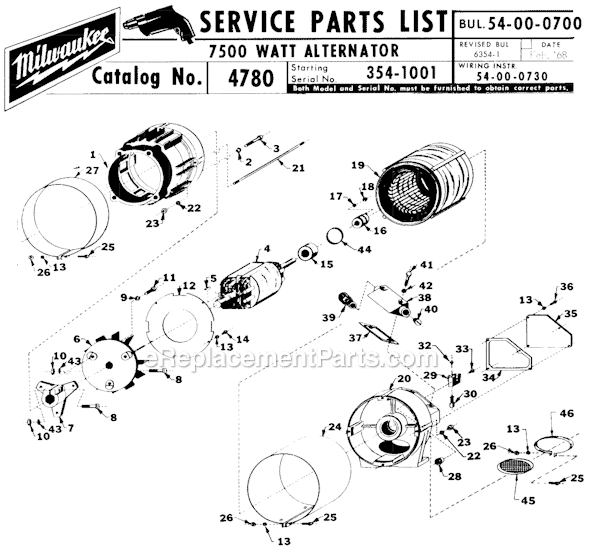 Page A Diagram and Parts List for 4780 SER 354-1001 Milwaukee Generator