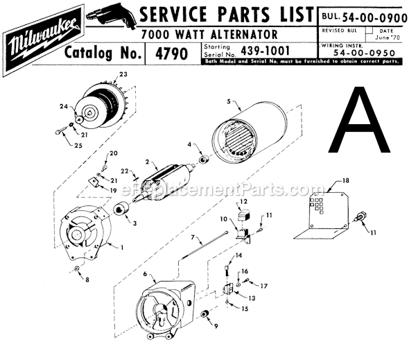 Page A Diagram and Parts List for 4790 SER 439-1001 Milwaukee Generator