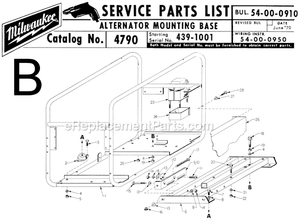 Page B Diagram and Parts List for 4790 SER 439-1001 Milwaukee Generator