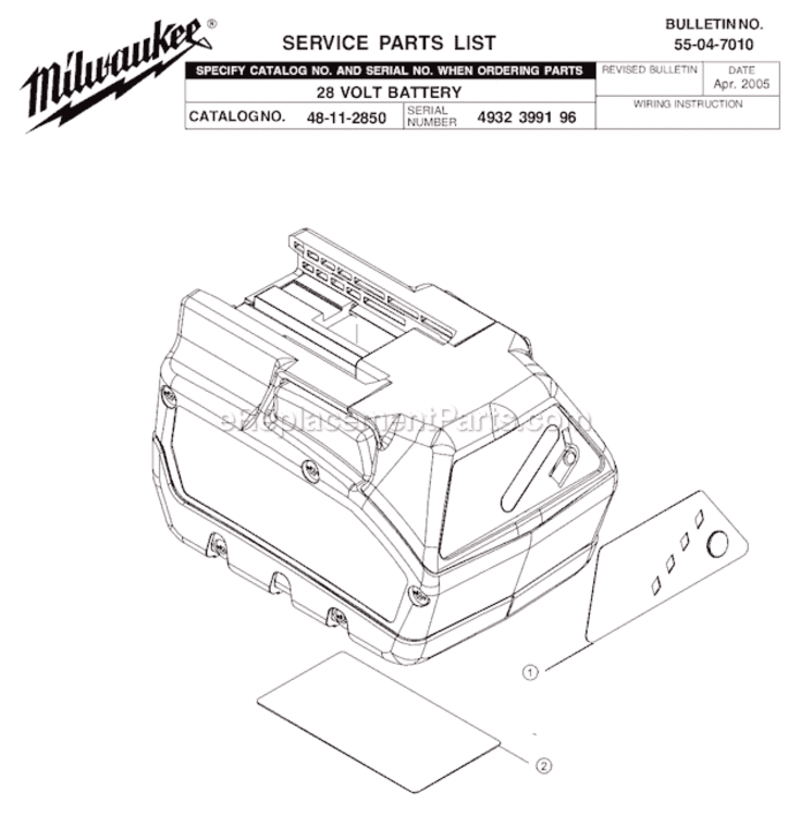 Page A Diagram and Parts List for 48-11-2850  Milwaukee Charger
