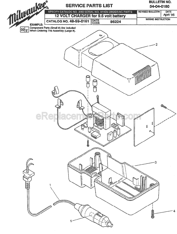 Page A Diagram and Parts List for 48-59-0161 SER 86224 Milwaukee Charger